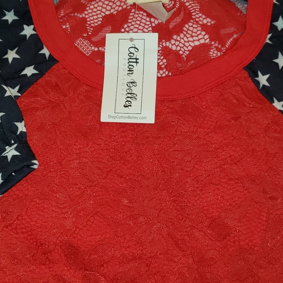 COTTEN BELLES BOUTIQUE BIBI RED WHITE AND BLUE LACE BLOUSE SIZE SMALL - Picture 3 of 3